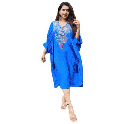 Embroidery Neck Blue Crepe Silk Kaftan