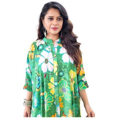 Floral Print Collar Neck Kaftan (Green)