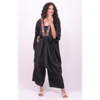 Black Embroidered Neck Kaftan with Pant Crepe Silk 