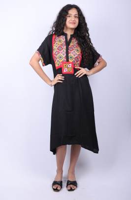 Black Rayon Patchwork Dress