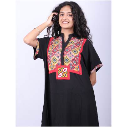 Black Rayon Patchwork Dress