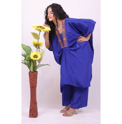 Blue Embroidered Neck Kaftan with Pant Crepe Silk 