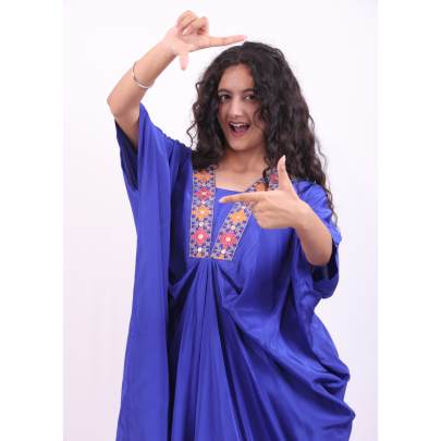 Blue Embroidered Neck Kaftan with Pant Crepe Silk