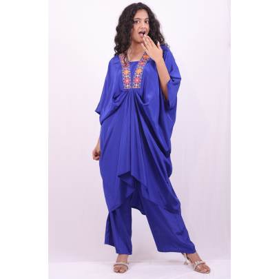 Blue Embroidered Neck Kaftan with Pant Crepe Silk