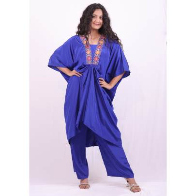Blue Embroidered Neck Kaftan with Pant Crepe Silk