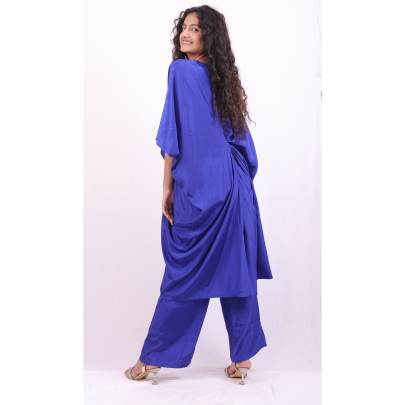 Blue Embroidered Neck Kaftan with Pant Crepe Silk