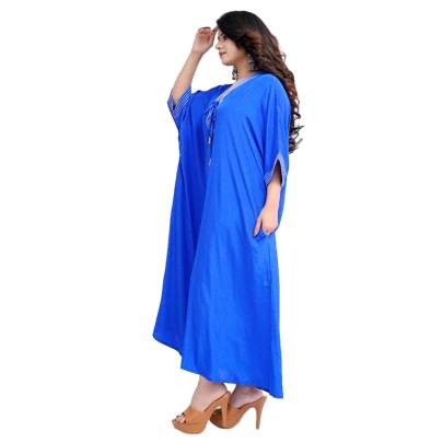 Blue Long Kaftan with Pockets V Neck