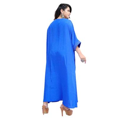 Blue Long Kaftan with Pockets V Neck