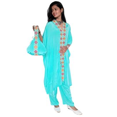 Embroidery Kaftan Pant Set with Potli Bag