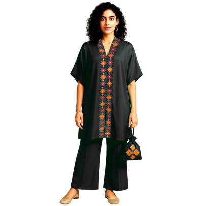 Embroidery Kaftan Pant Set with Potli Bag
