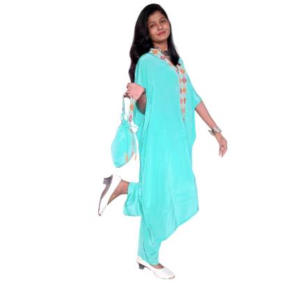 Embroidery Kaftan Pant Set with Potli Bag