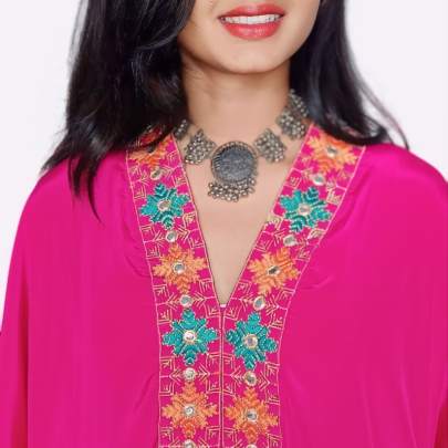 Embroidery Kaftan Pant Set with Potli Bag
