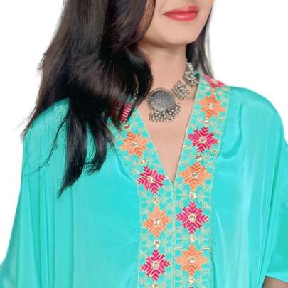 Embroidery Kaftan Pant Set with Potli Bag