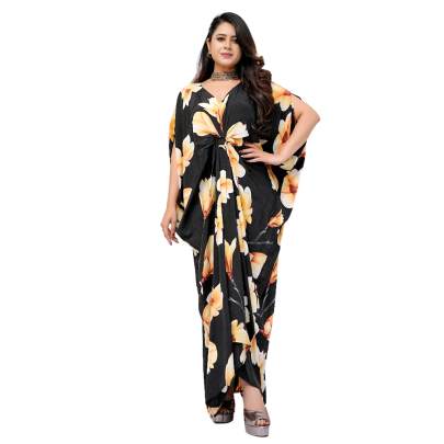 Floral Print Long Ring Kaftan Dress Black