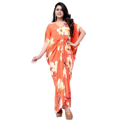 Floral Print Long Ring Kaftan Dress Orange