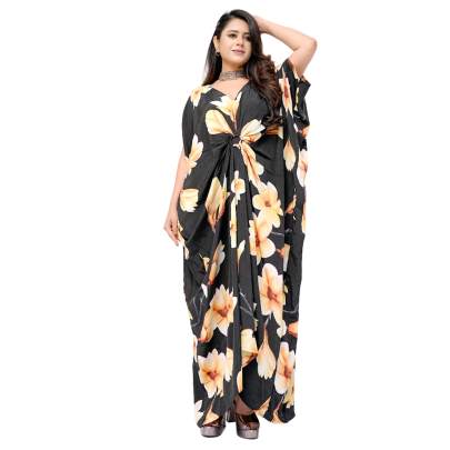 Floral Print Long Ring Kaftan Dress Black