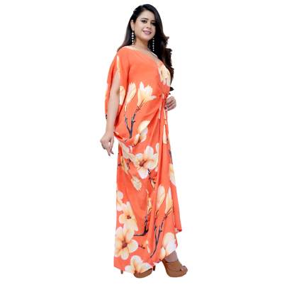 Floral Print Long Ring Kaftan Dress Orange