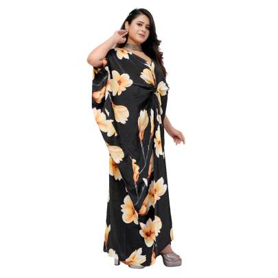 Floral Print Long Ring Kaftan Dress Black