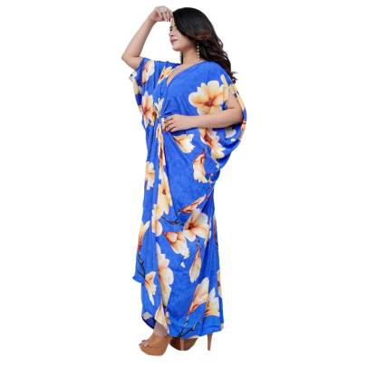 Floral Print Long Ring Kaftan Dress Blue