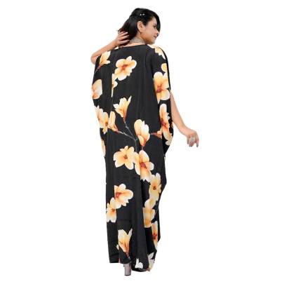 Floral Print Long Ring Kaftan Dress Black