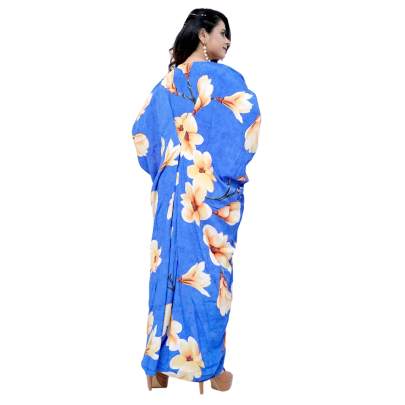 Floral Print Long Ring Kaftan Dress Blue