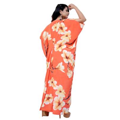 Floral Print Long Ring Kaftan Dress Orange