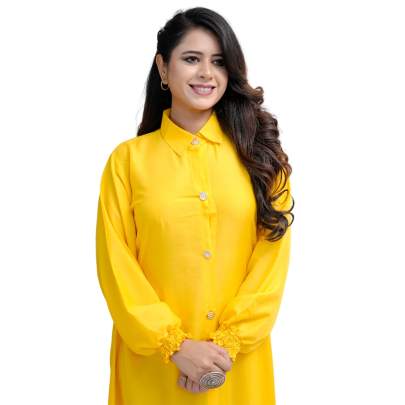 Long Sleeve Yellow Kurta  Elastic Tube on waist