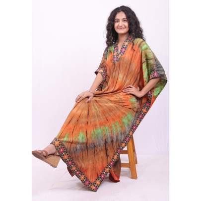 Long Tie Dye Embroidered Kaftan Dress 