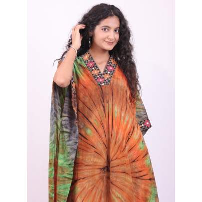 Long Tie Dye Embroidered Kaftan Dress