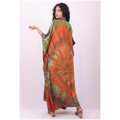 Long Tie Dye Embroidered Kaftan Dress