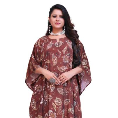 Paisley Print Long Kaftan Maxi Brown