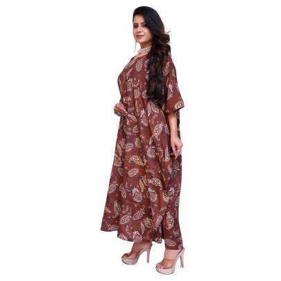 Paisley Print Long Kaftan Maxi Brown