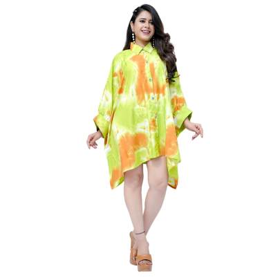 Tie Dye Print Kaftan Shirt  Cuff Sleeves  Green