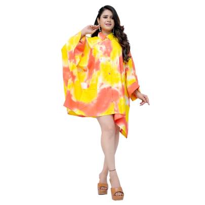 Tie Dye Print Kaftan Shirt  Cuff Sleeves  Yellow