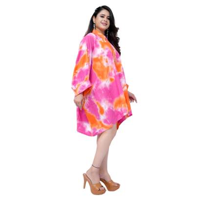 Tie Dye Print Kaftan Shirt  Cuff Sleeves  Pink