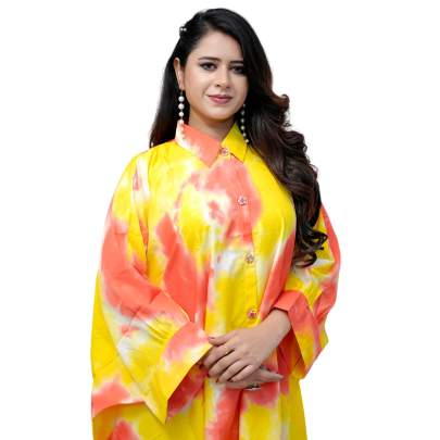 Tie Dye Print Kaftan Shirt  Cuff Sleeves  Yellow