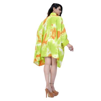 Tie Dye Print Kaftan Shirt  Cuff Sleeves  Green