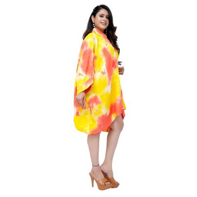 Tie Dye Print Kaftan Shirt  Cuff Sleeves  Yellow