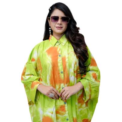 Tie Dye Print Kaftan Shirt  Cuff Sleeves  Green