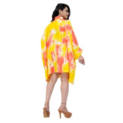 Tie Dye Print Kaftan Shirt  Cuff Sleeves  Yellow